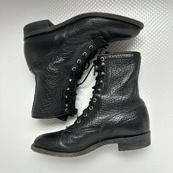 Vtg Justin Lace up Black Pebbled Bullhide Roper Boots 522 Kiltie Mens 8 1/2 D main image 8